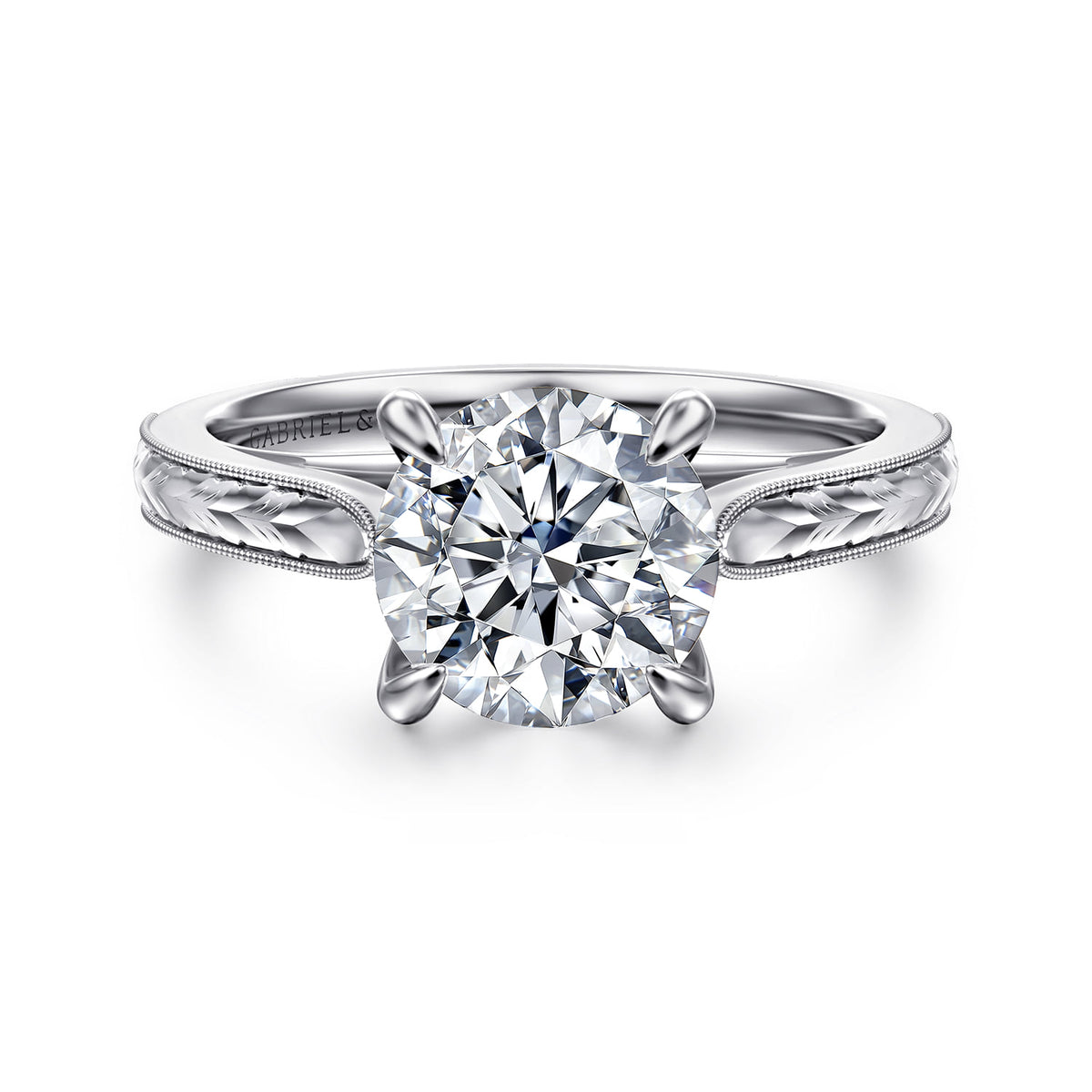 Vintage Inspired 14K White Gold Round Solitaire Diamond Engagement Ring — Gabriel & Co. ER8691R8W4JJJ; center stone shown for illustration, not included