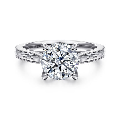 Vintage Inspired 14K White Gold Round Solitaire Diamond Engagement Ring — Gabriel & Co. ER8691R8W4JJJ; center stone shown for illustration, not included