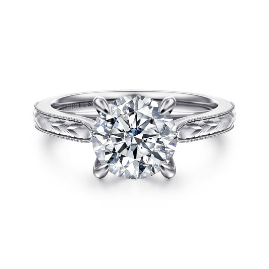 Vintage Inspired 14K White Gold Round Solitaire Diamond Engagement Ring — Gabriel & Co. ER8691R8W4JJJ; center stone shown for illustration, not included