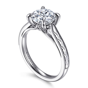 Vintage Inspired 14K White Gold Round Solitaire Diamond Engagement Ring — Gabriel & Co. ER8691R8W4JJJ; center stone shown for illustration, not included