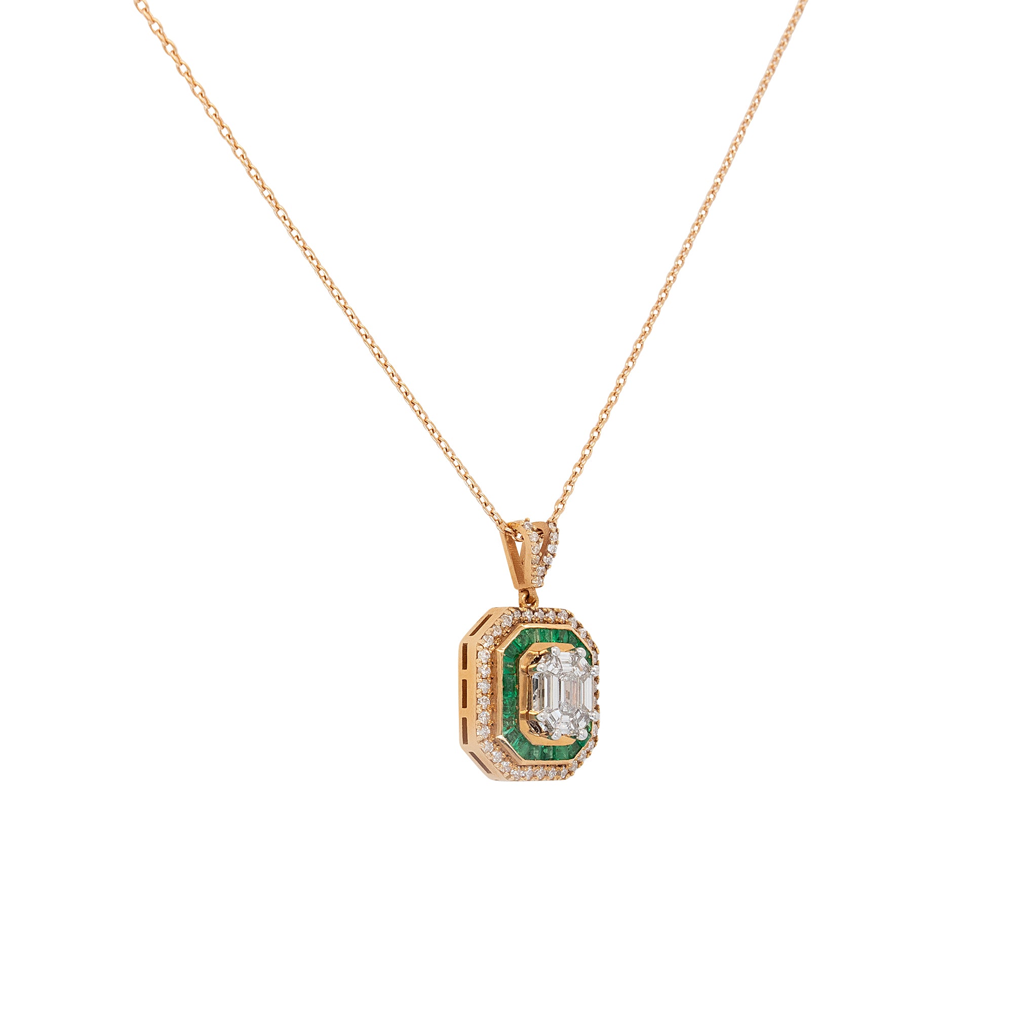 18k Yellow Gold 0.71ctw Diamond and 0.55ctw Emerald Multi Stone Octagonal Pendant Necklace