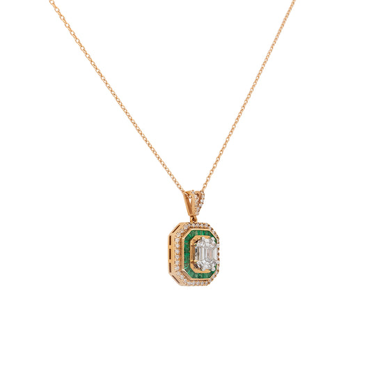 18k Yellow Gold 0.71ctw Diamond and 0.55ctw Emerald Multi Stone Octagonal Pendant Necklace