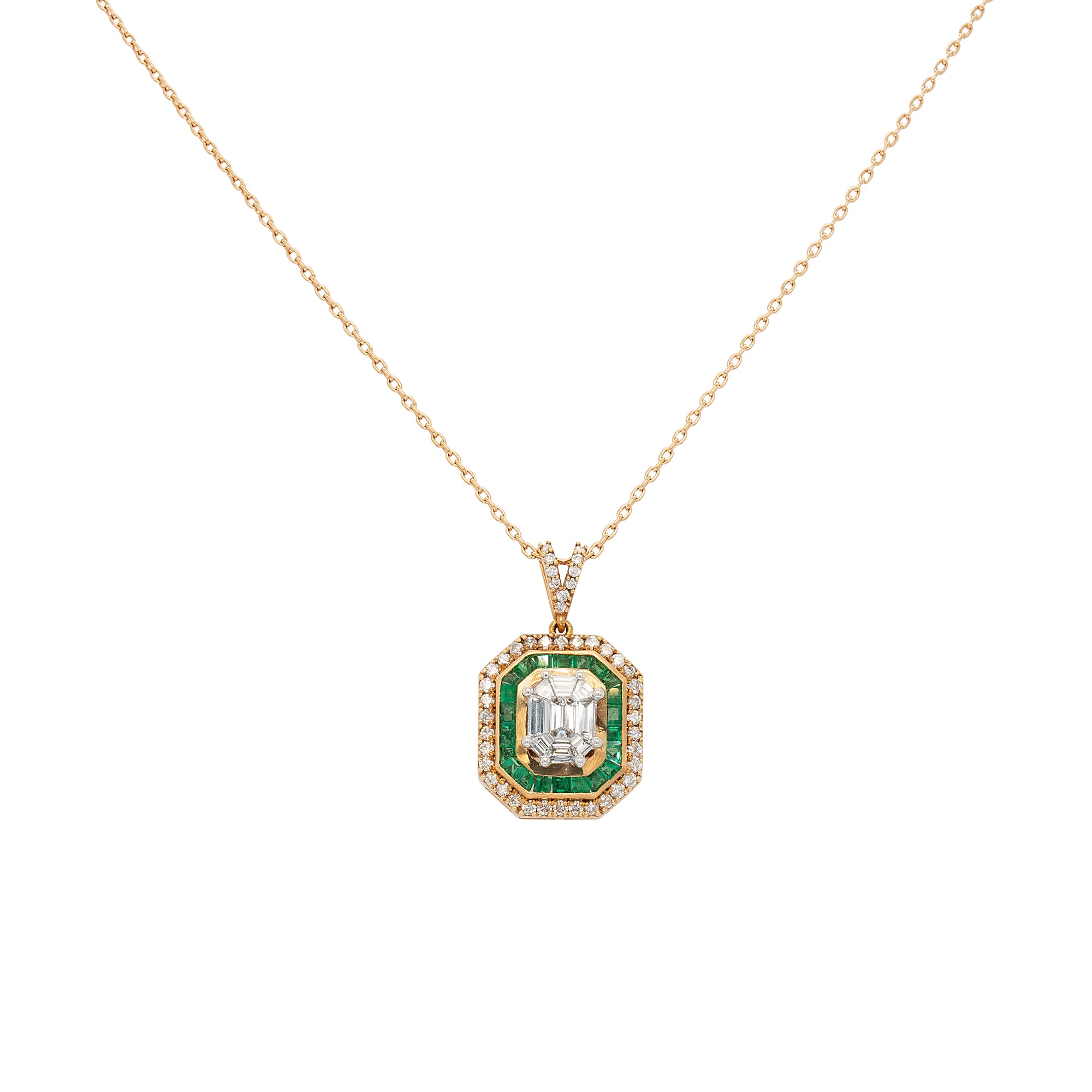 18k Yellow Gold 0.71ctw Diamond and 0.55ctw Emerald Multi Stone Octagonal Pendant Necklace