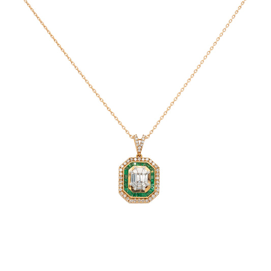 18k Yellow Gold 0.71ctw Diamond and 0.55ctw Emerald Multi Stone Octagonal Pendant Necklace