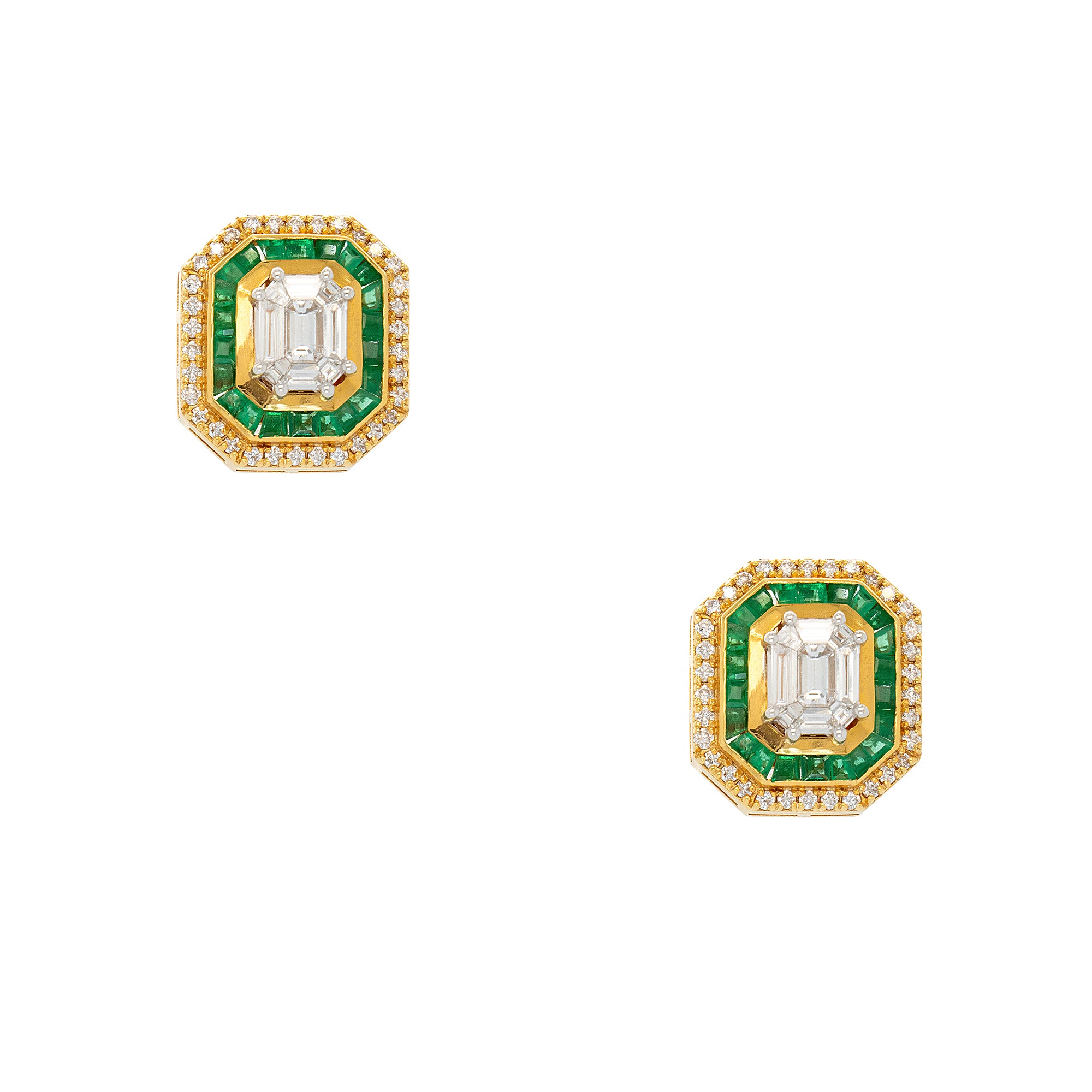 18k Yellow Gold 1.07ctw Diamond and 1.28ctw Emerald Multi Stone Octagonal Earrings
