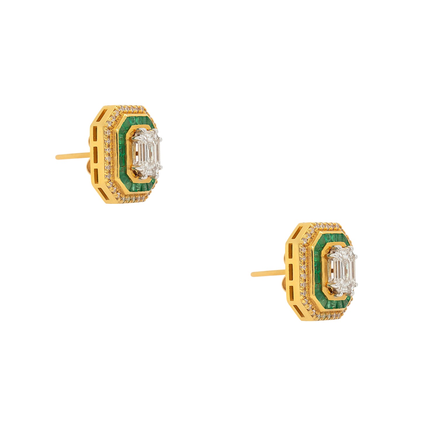 18k Yellow Gold 1.07ctw Diamond and 1.28ctw Emerald Multi Stone Octagonal Earrings