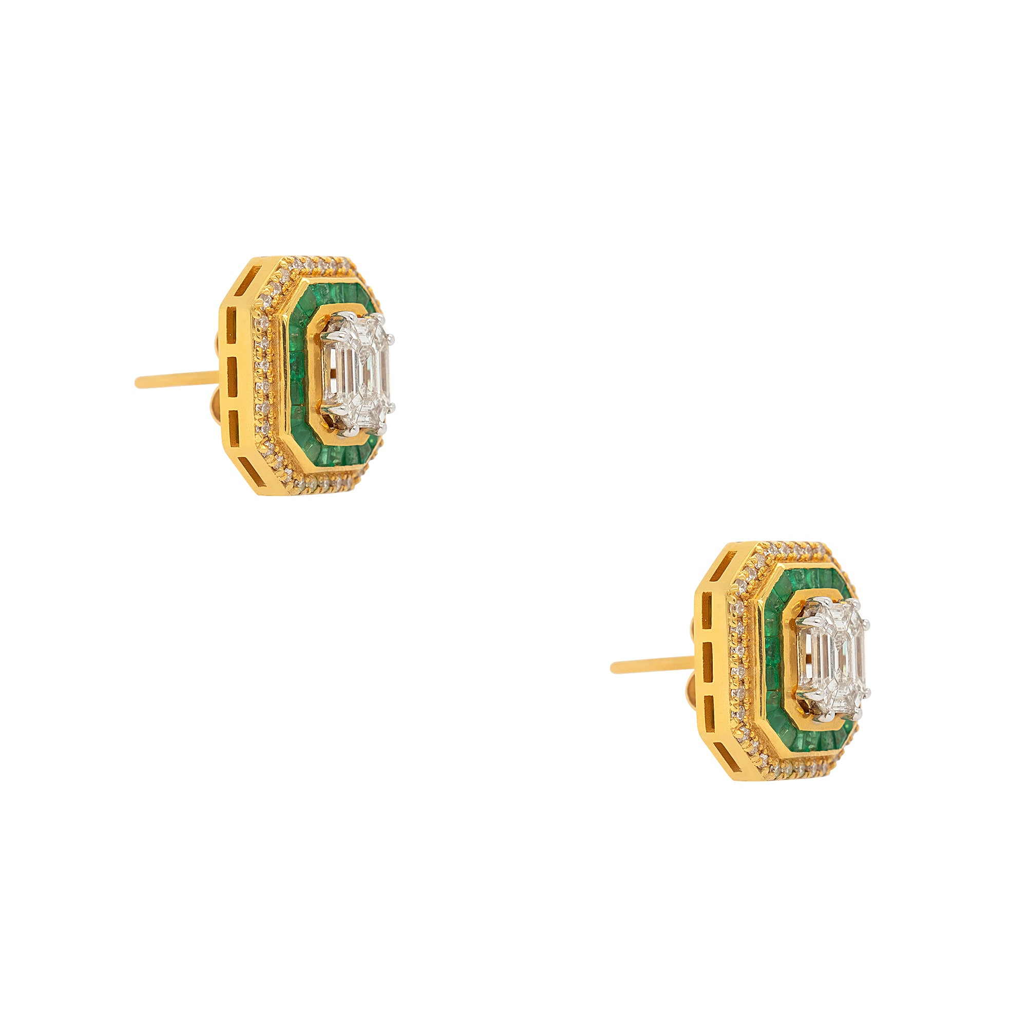 18k Yellow Gold 1.07ctw Diamond and 1.28ctw Emerald Multi Stone Octagonal Earrings