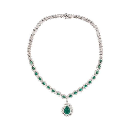 14k White Gold 6ctw Emerald and Diamond Necklace