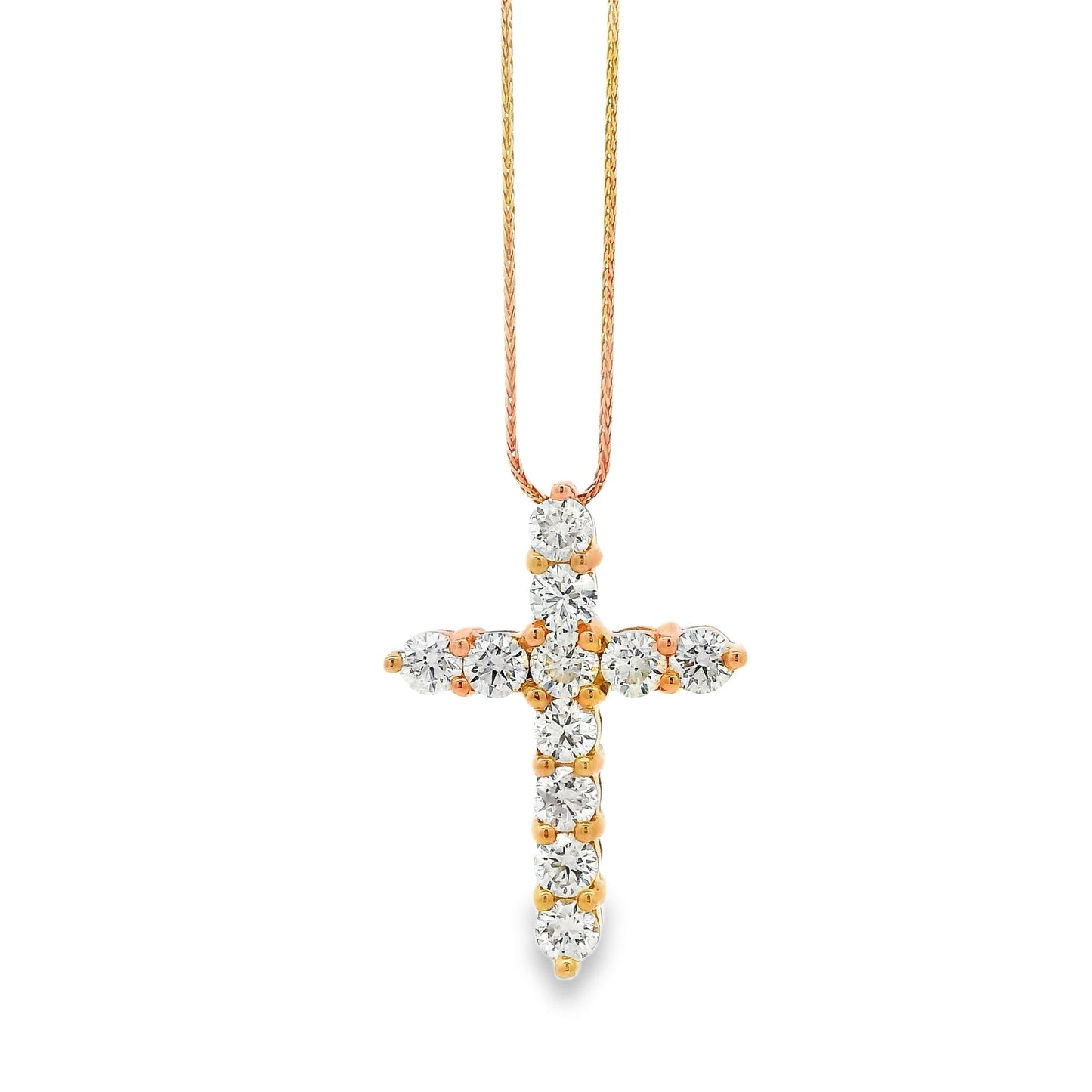 14k Rose Gold 2.25ctw Round Diamond Cross Pendant Necklace