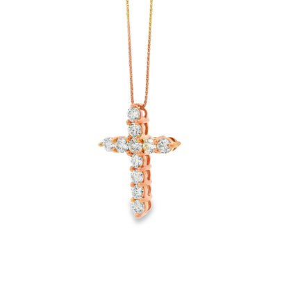 14k Rose Gold 2.25ctw Round Diamond Cross Pendant Necklace