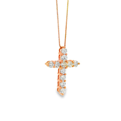 14k Rose Gold 2.25ctw Round Diamond Cross Pendant Necklace
