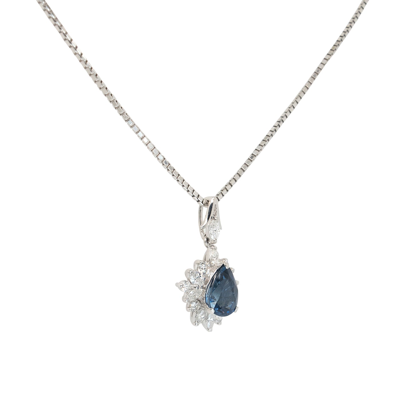 Platinum 1.63ctw Pear Shape Sapphire Natural Diamond Pendant Necklace