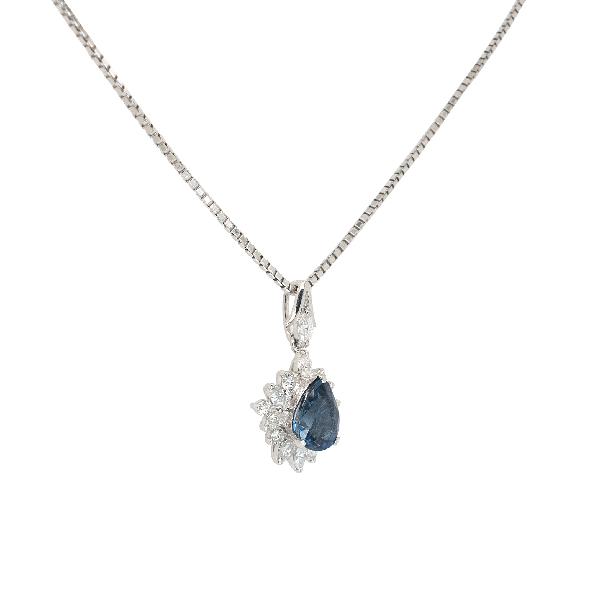 Platinum 1.63ctw Pear Shape Sapphire Natural Diamond Pendant Necklace