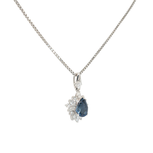 Platinum 1.63ctw Pear Shape Sapphire Natural Diamond Pendant Necklace
