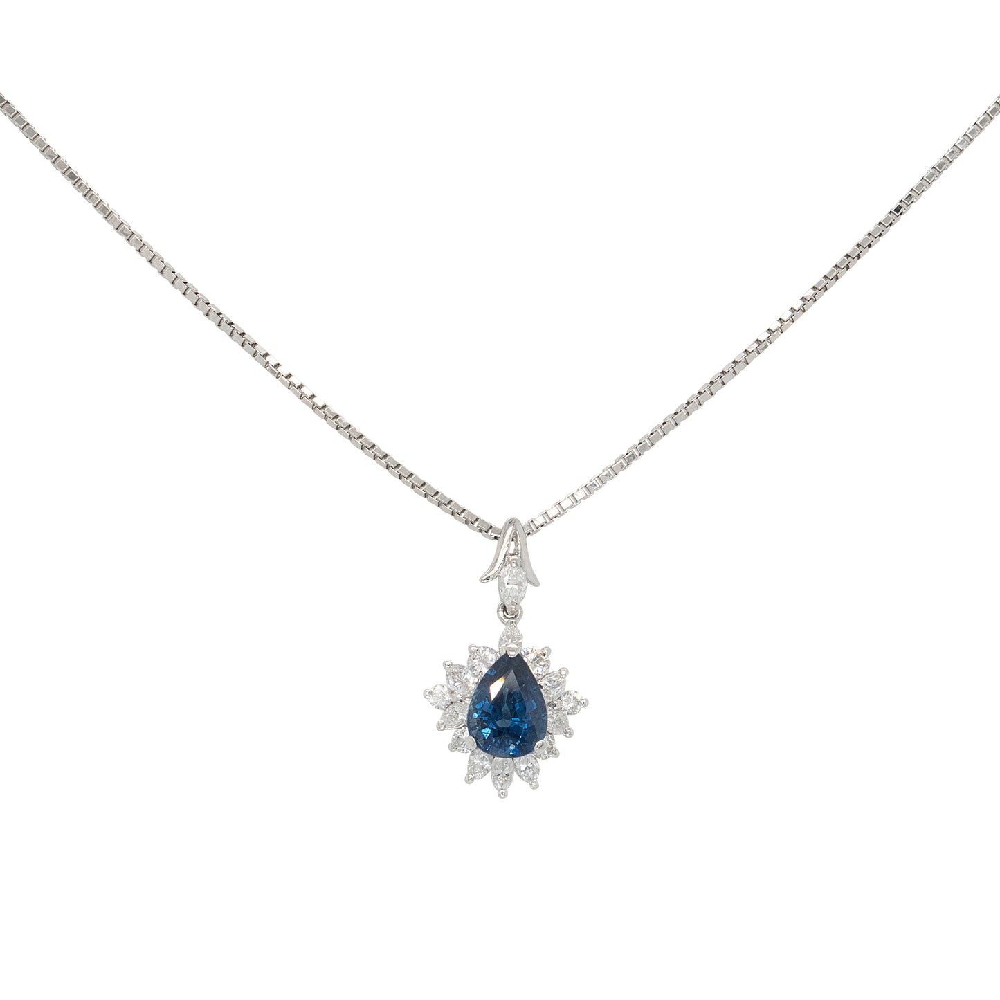 Platinum 1.63ctw Pear Shape Sapphire Natural Diamond Pendant Necklace
