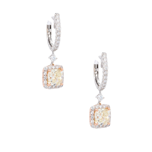 18k White and Rose Gold 3.31ctw GIA Certified Cushion Cut Diamond Dangle Earrings