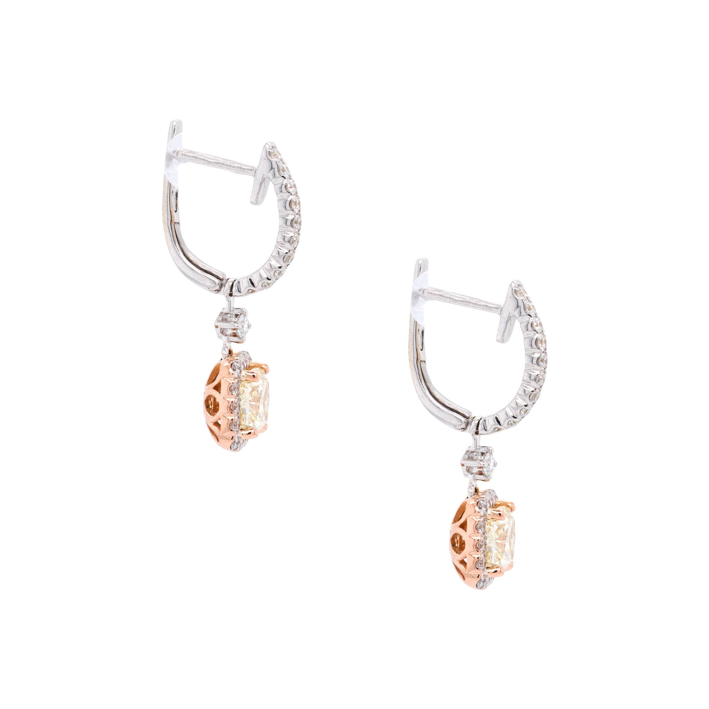 18k White and Rose Gold 3.31ctw GIA Certified Cushion Cut Diamond Dangle Earrings