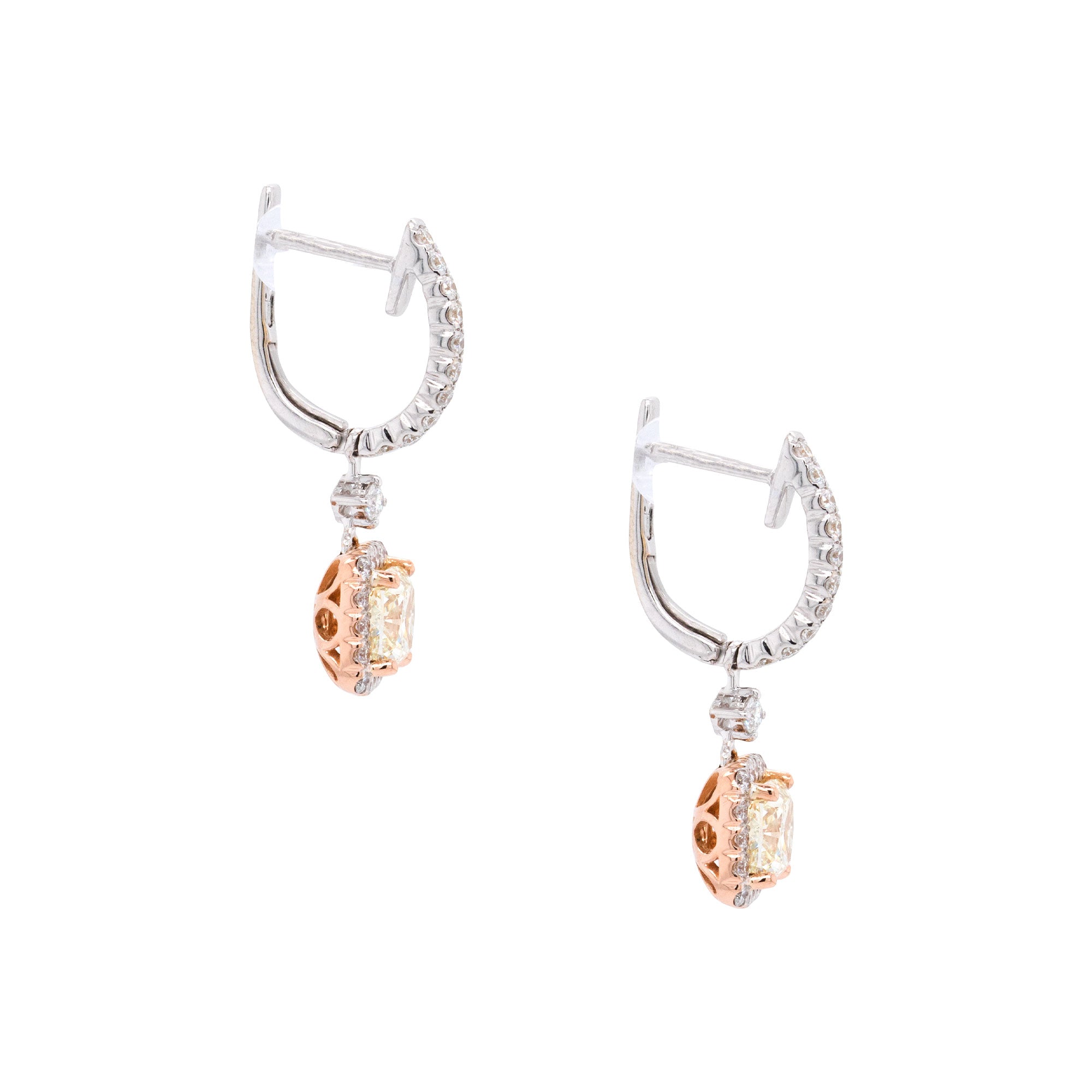 18k White and Rose Gold 3.31ctw GIA Certified Cushion Cut Diamond Dangle Earrings