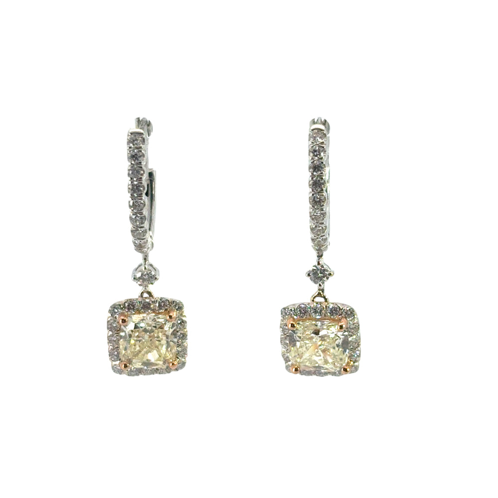 18k White and Rose Gold 3.31ctw GIA Certified Cushion Cut Diamond Dangle Earrings