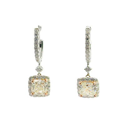 18k White and Rose Gold 3.31ctw GIA Certified Cushion Cut Diamond Dangle Earrings