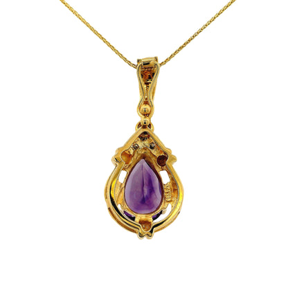 14k Yellow Gold Pear Shape Amethyst Pendant Necklace with Round Brilliant Diamonds