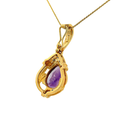 14k Yellow Gold Pear Shape Amethyst Pendant Necklace with Round Brilliant Diamonds