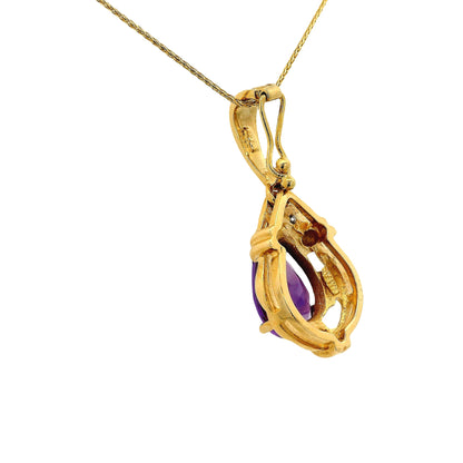 14k Yellow Gold Pear Shape Amethyst Pendant Necklace with Round Brilliant Diamonds
