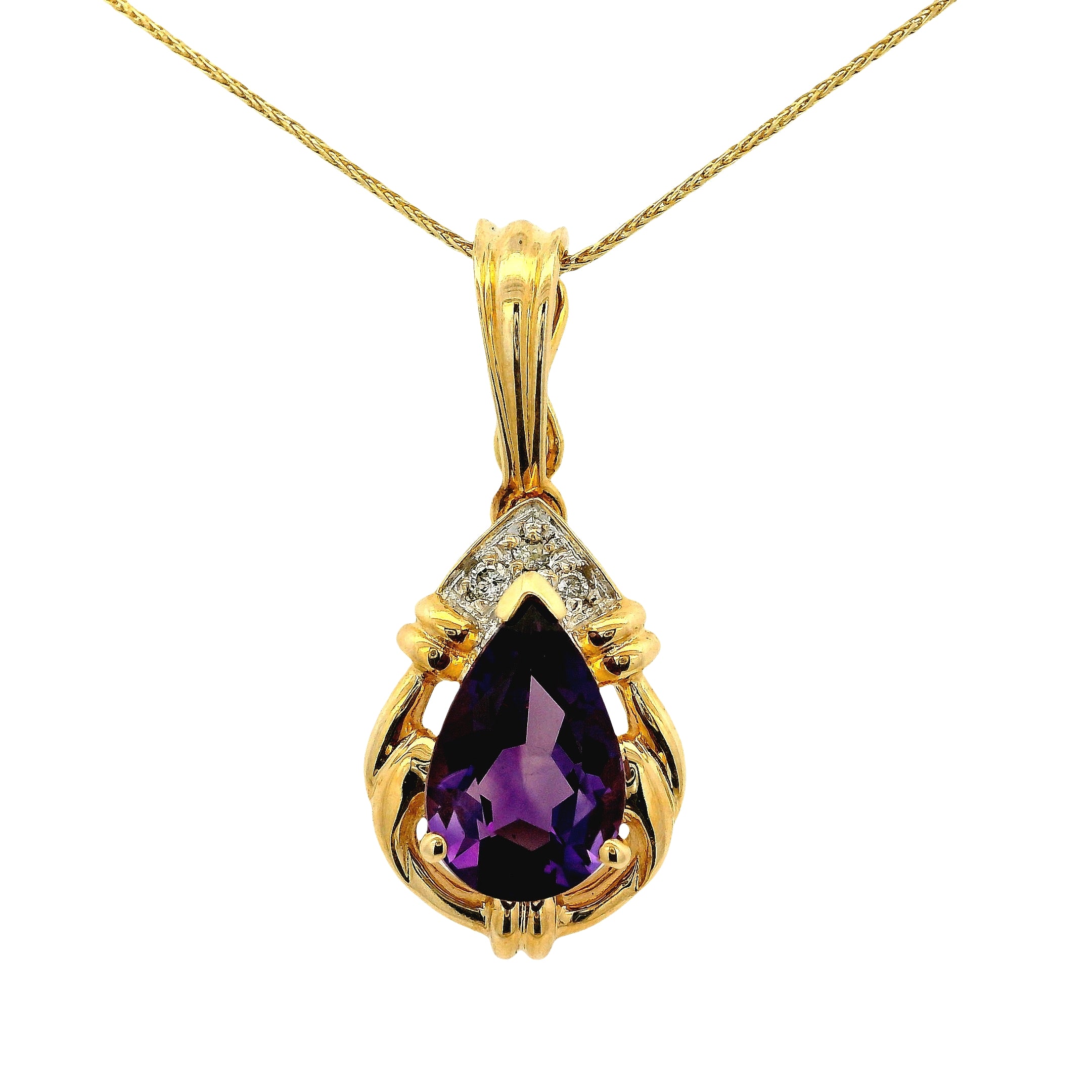 14k Yellow Gold Pear Shape Amethyst Pendant Necklace with Round Brilliant Diamonds