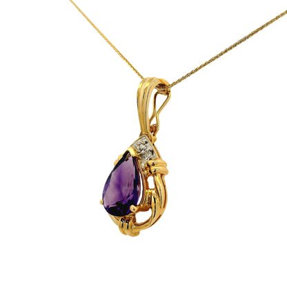 14k Yellow Gold Pear Shape Amethyst Pendant Necklace with Round Brilliant Diamonds