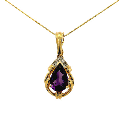 14k Yellow Gold Pear Shape Amethyst Pendant Necklace with Round Brilliant Diamonds