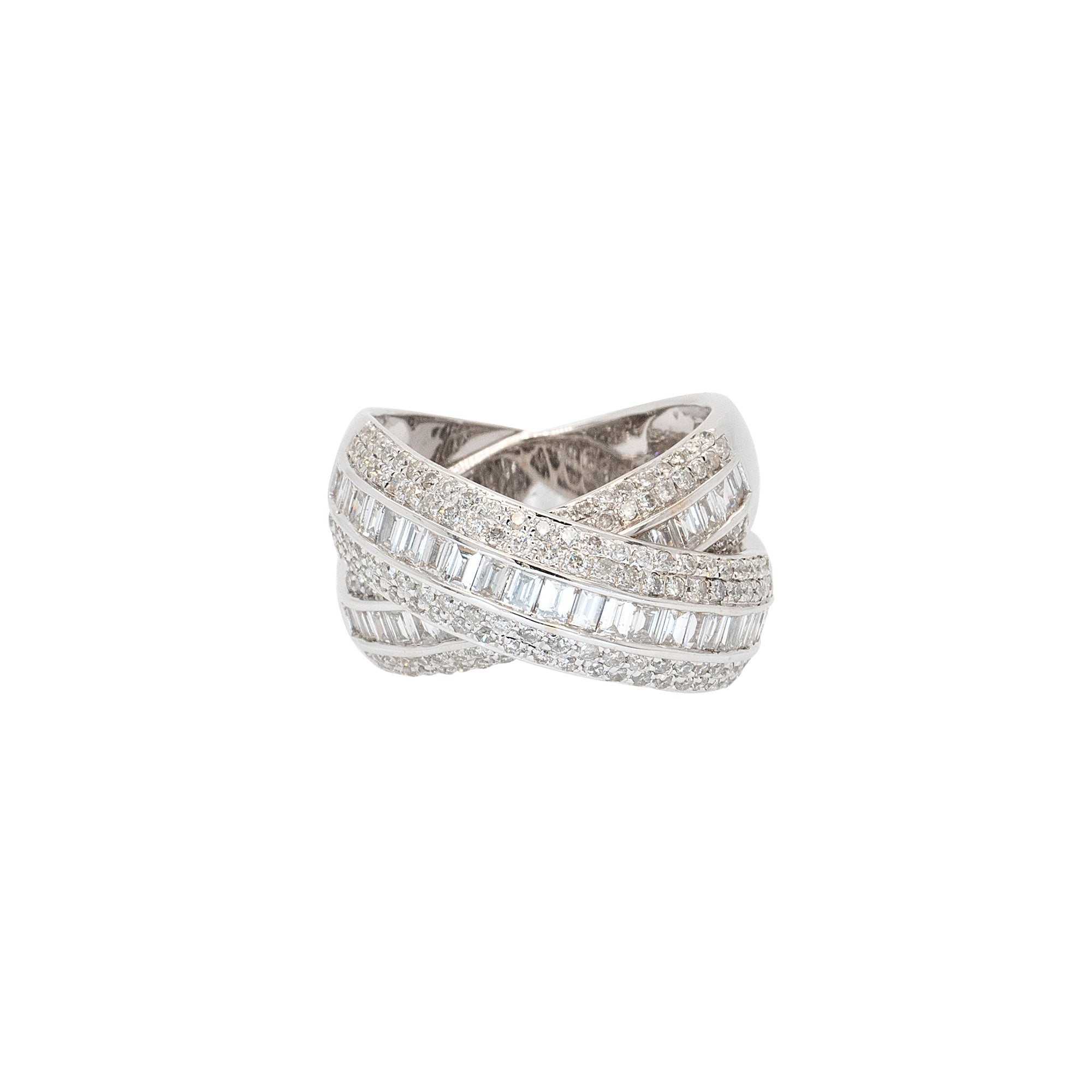 18k White Gold 2.60ctw Round Brilliant and Baguette Natural Diamond Crossover Ring