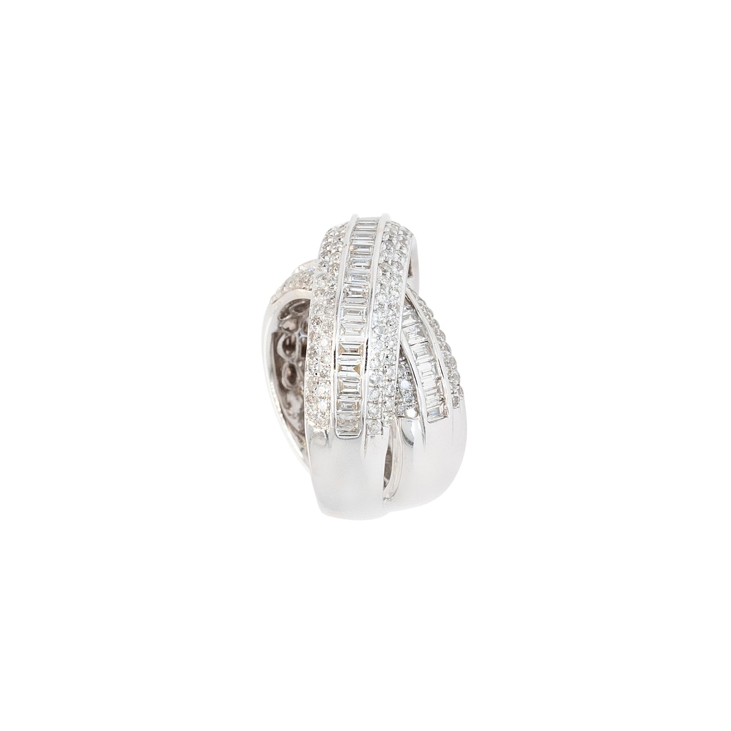 18k White Gold 2.60ctw Round Brilliant and Baguette Natural Diamond Crossover Ring