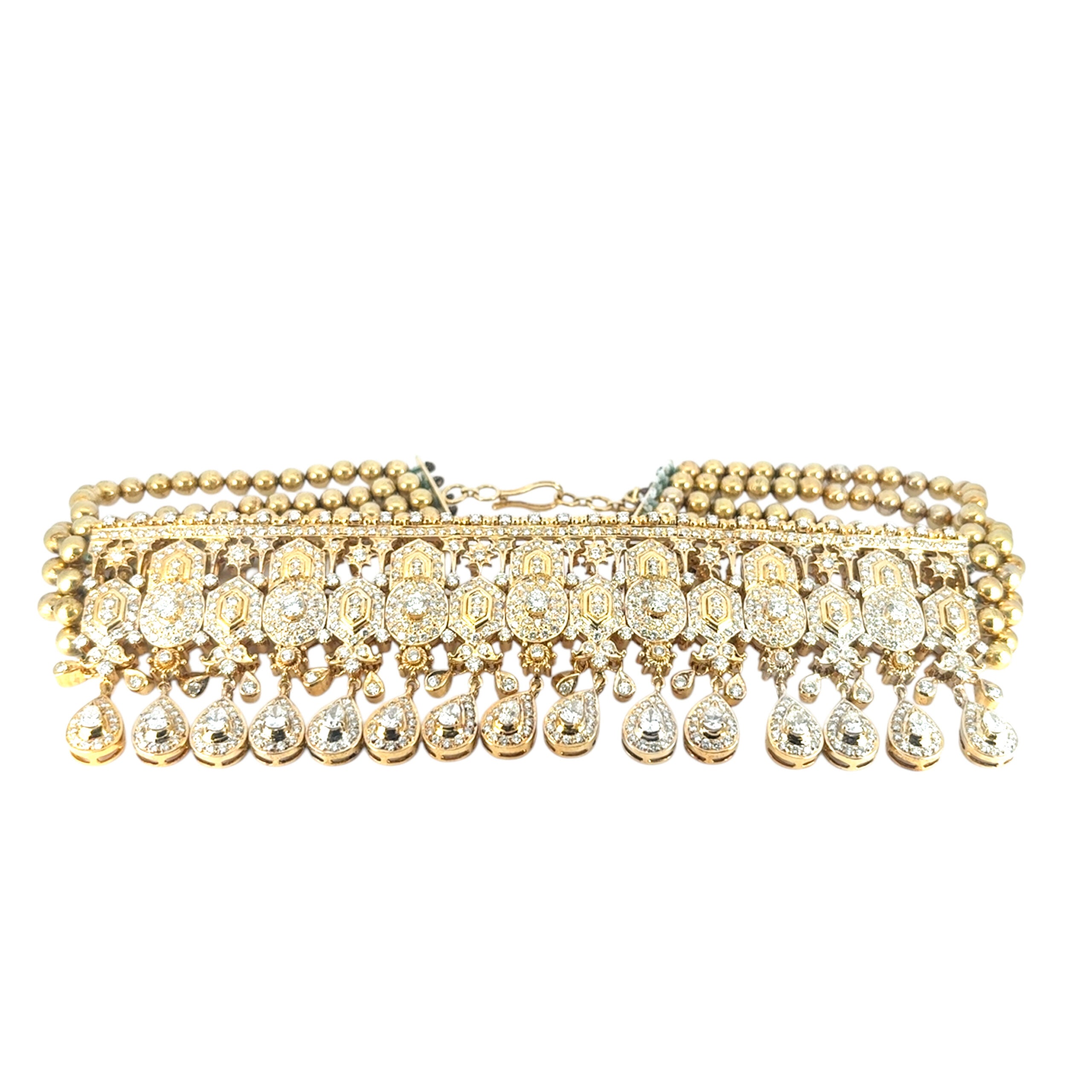 18k Yellow Gold 30ctw Diamond Indian Multi-Row Choker Necklace