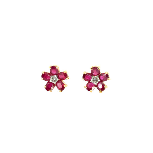 14k Yellow Gold Ruby and Diamond Flower Earrings