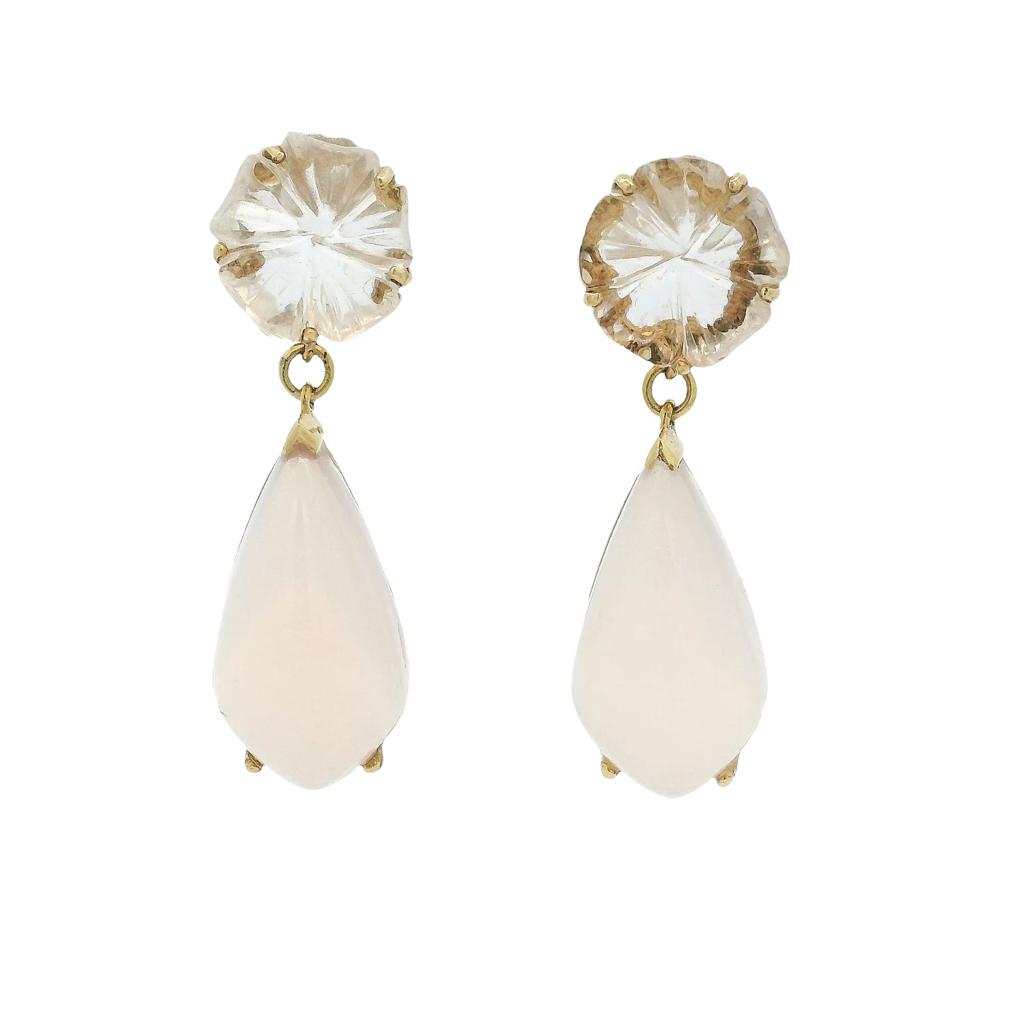 Vintage 14k Yellow Gold Rose White Quartz Dangle Earrings