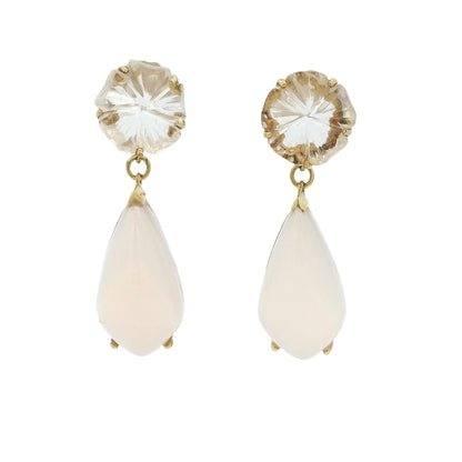 Vintage 14k Yellow Gold Rose White Quartz Dangle Earrings
