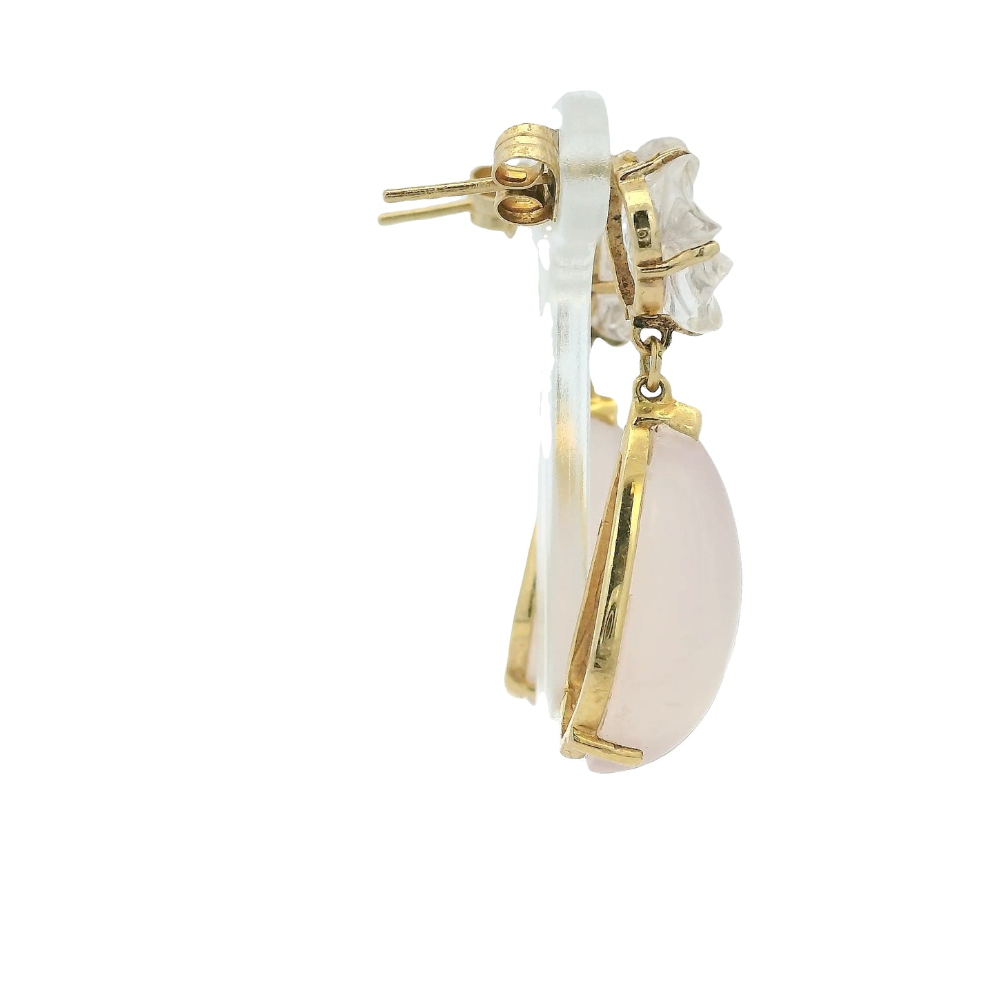 Vintage 14k Yellow Gold Rose White Quartz Dangle Earrings
