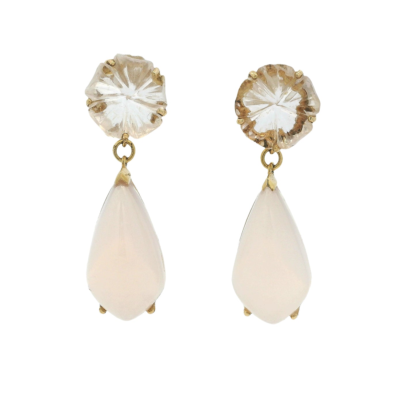 Vintage 14k Yellow Gold Rose White Quartz Dangle Earrings