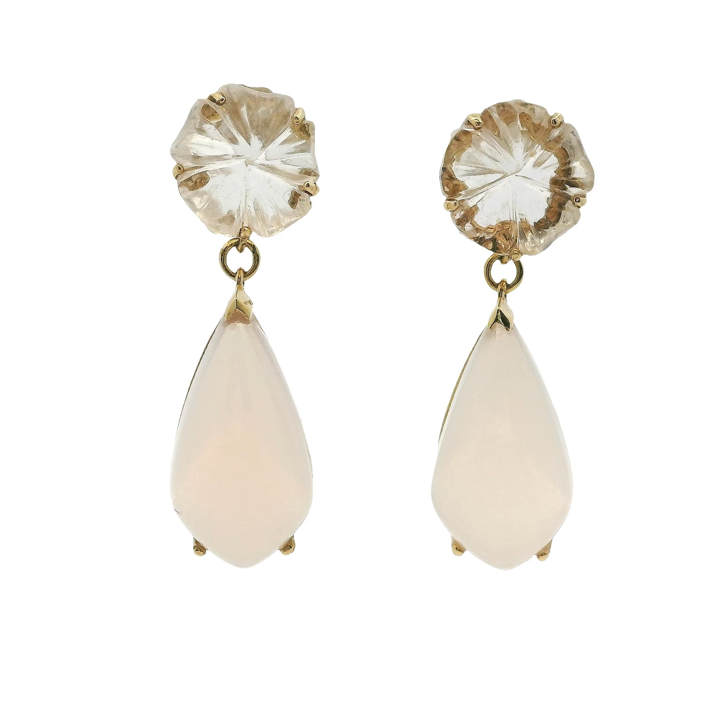 Vintage 14k Yellow Gold Rose White Quartz Dangle Earrings