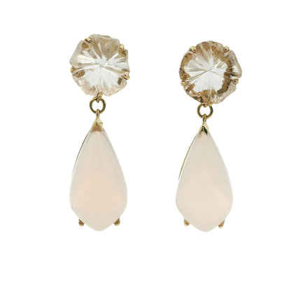 Vintage 14k Yellow Gold Rose White Quartz Dangle Earrings
