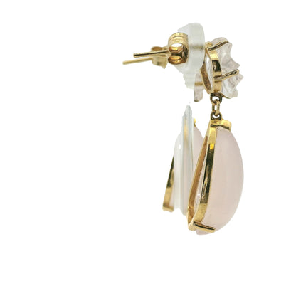 Vintage 14k Yellow Gold Rose White Quartz Dangle Earrings