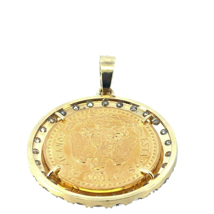 18k Yellow Gold Diamond Bezel Pendant with 1922 50 Peso 24k Gold Coin on a 14k Yellow Gold Tennis Necklace