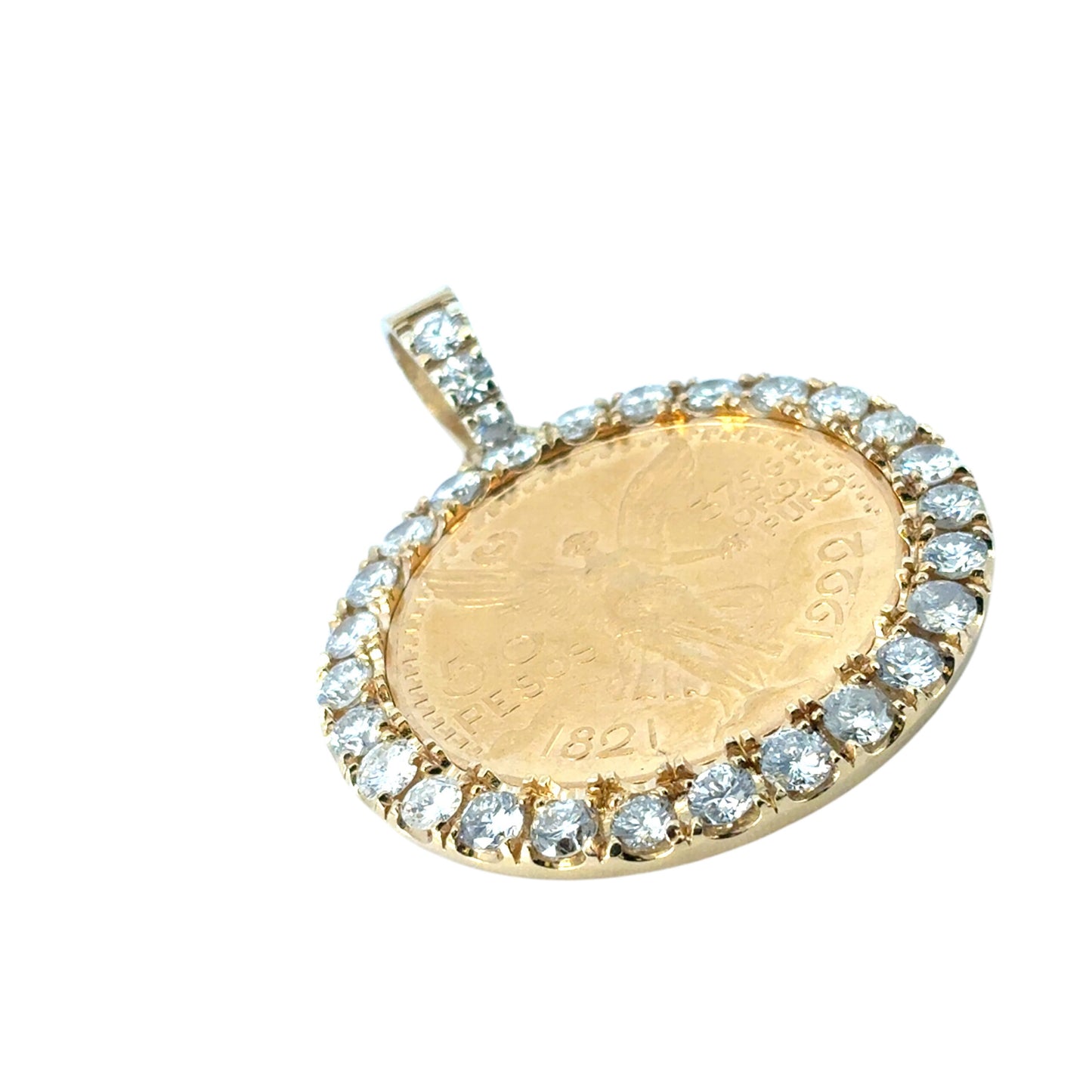 18k Yellow Gold Diamond Bezel Pendant with 1922 50 Peso 24k Gold Coin on a 14k Yellow Gold Tennis Necklace