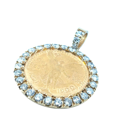 18k Yellow Gold Diamond Bezel Pendant with 1922 50 Peso 24k Gold Coin on a 14k Yellow Gold Tennis Necklace