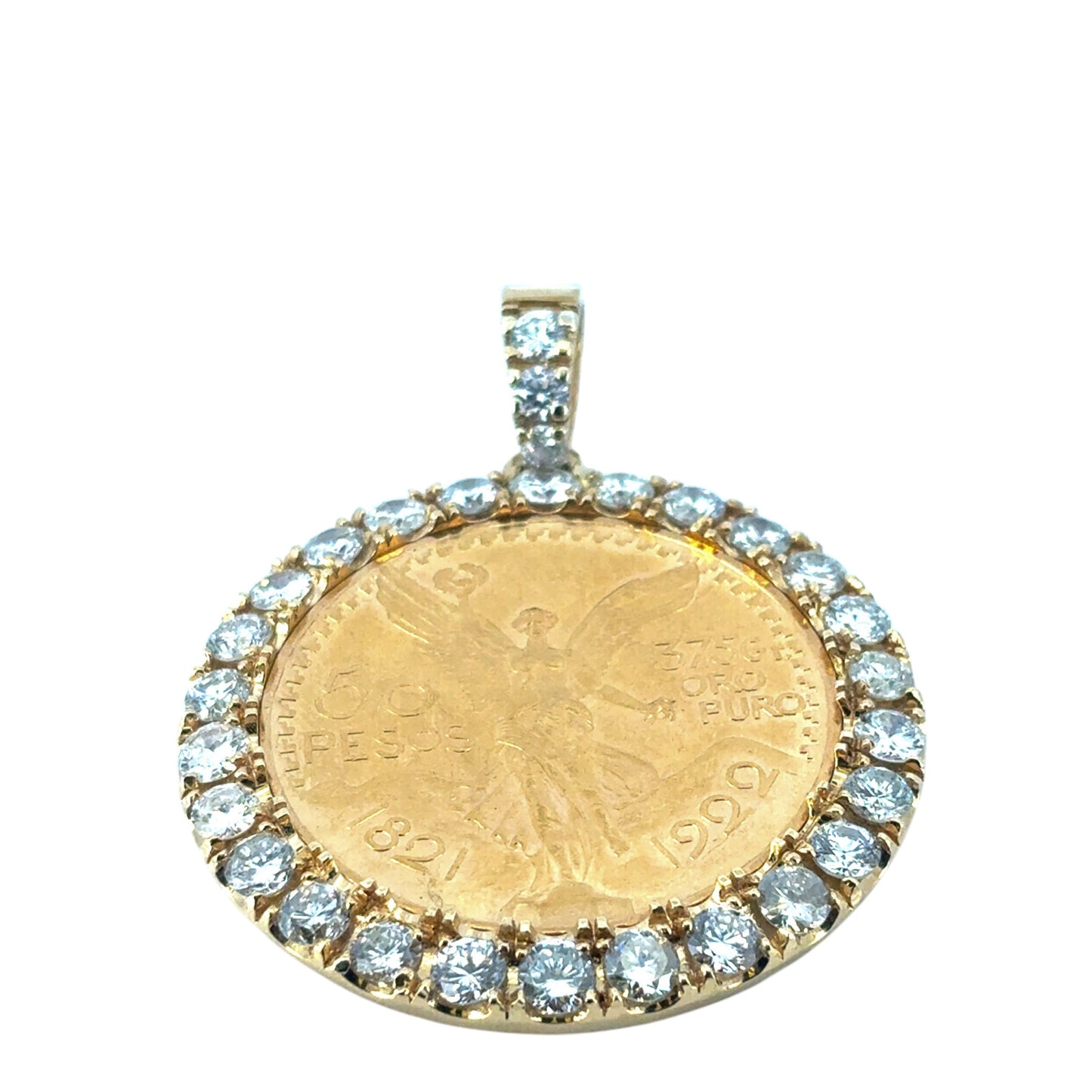 18k Yellow Gold Diamond Bezel Pendant with 1922 50 Peso 24k Gold Coin on a 14k Yellow Gold Tennis Necklace