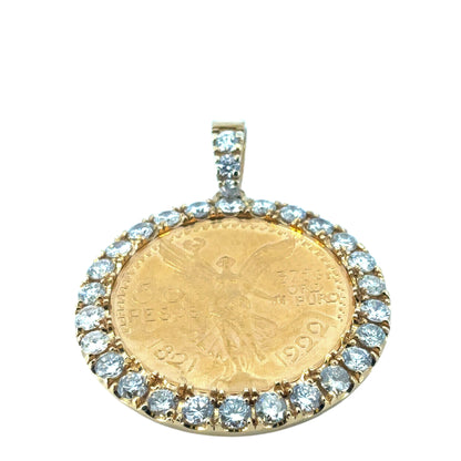 18k Yellow Gold Diamond Bezel Pendant with 1922 50 Peso 24k Gold Coin on a 14k Yellow Gold Tennis Necklace