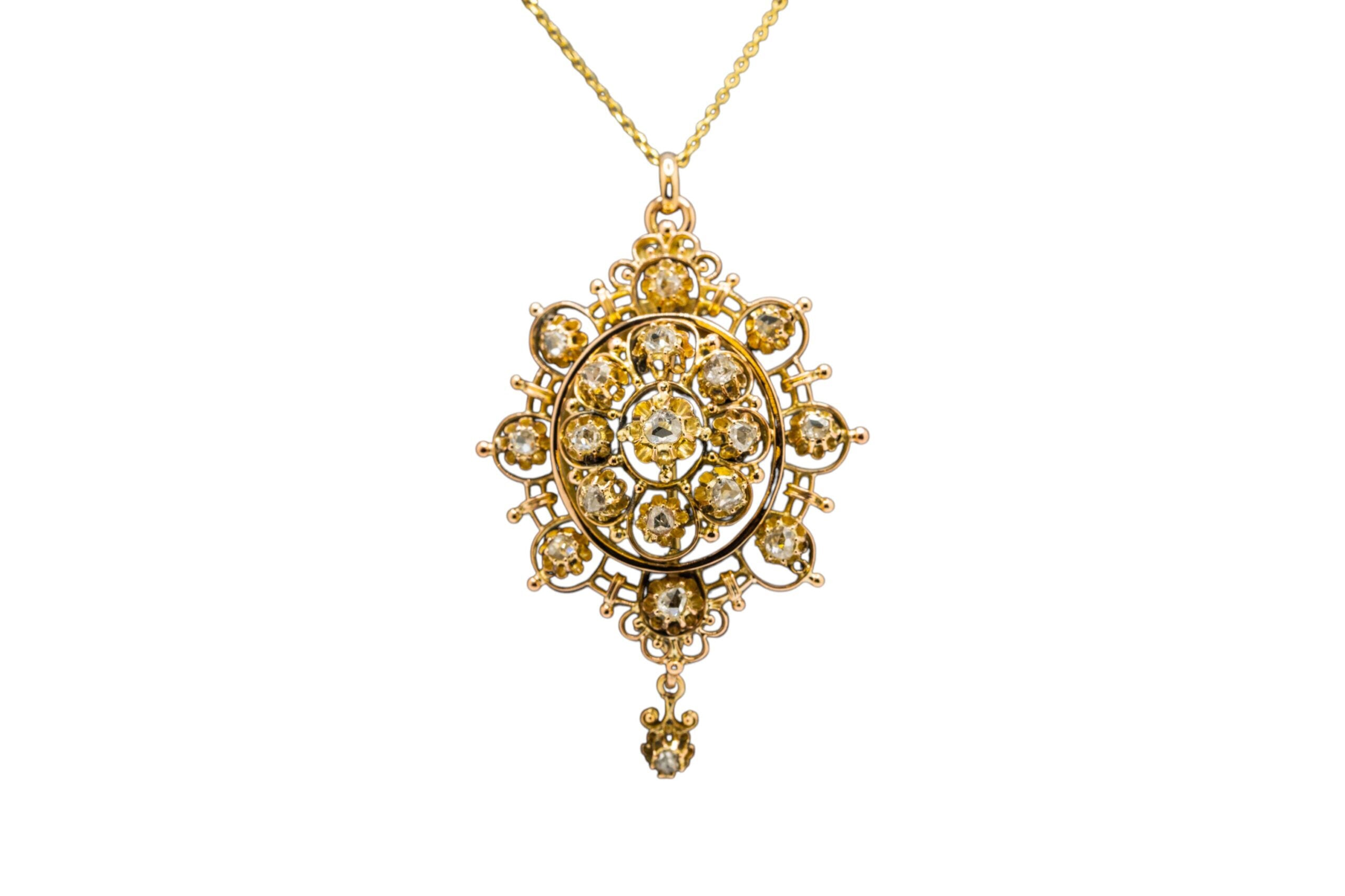 14k Yellow Gold Brooch Pendant set with Natural Rose Mixed Cut Diamonds on 14k Yellow Gold Chain
