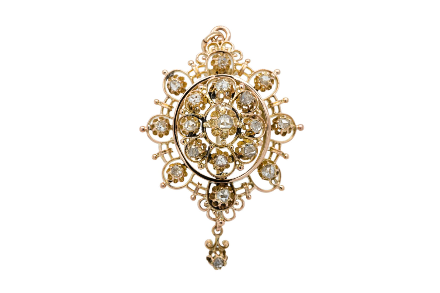 14k Yellow Gold Brooch Pendant set with Natural Rose Mixed Cut Diamonds on 14k Yellow Gold Chain