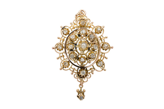 14k Yellow Gold Brooch Pendant set with Natural Rose Mixed Cut Diamonds on 14k Yellow Gold Chain