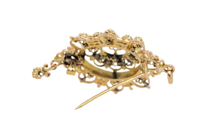 14k Yellow Gold Brooch Pendant set with Natural Rose Mixed Cut Diamonds on 14k Yellow Gold Chain